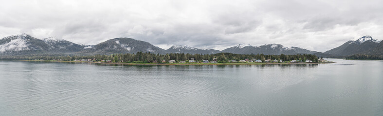 Panaorama of the Waterside buildings on the shore of Petersburg on Sandy Beach Road, Alaska, USA