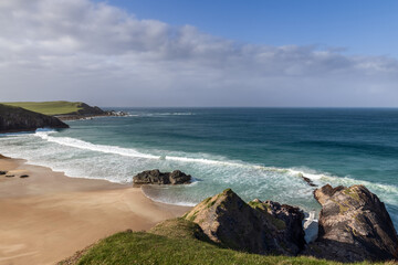 A breathtaking view of Durness Beach, where the wild Atlantic kisses Scotland's northern shores,...