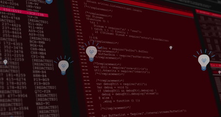 Image of bulbs floating over data processing on red and black background