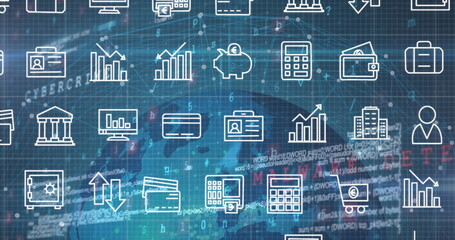 Image of financial icons over data processing on blue background