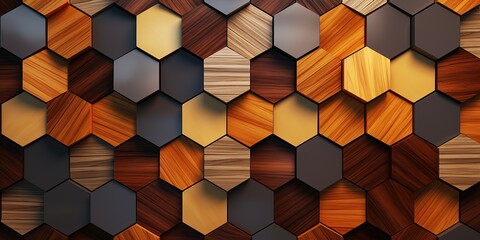 Multi colored wooden hexagon pattern background, created using hexagonal tiles arranged in a honeycomb style.