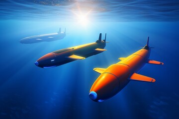 An atmospheric 3D scene of AI-controlled submarines patrolling the ocean depths