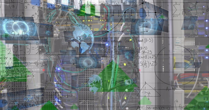 Image of mathematical equations and data processing over server room