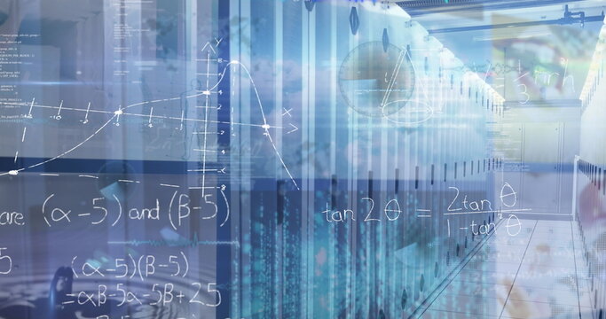 Image of mathematical equations and data processing over server room - Powered by Adobe
