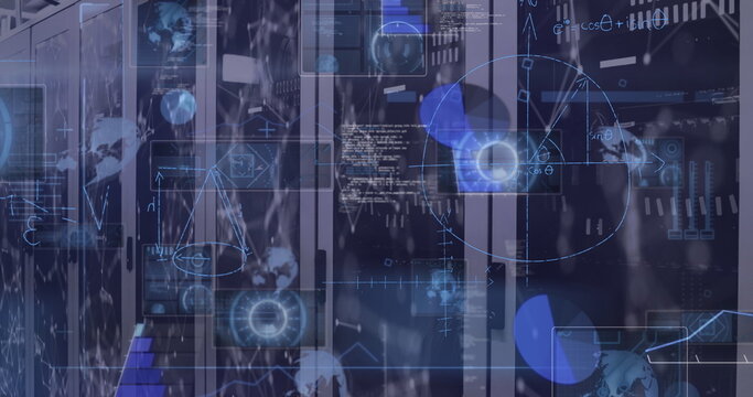Image of mathematical equations and data processing over server room - Powered by Adobe