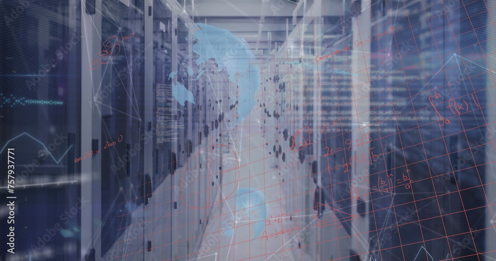 Poster image of mathematical equations and data processing over server room