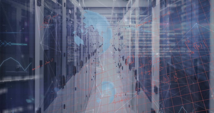 Image of mathematical equations and data processing over server room