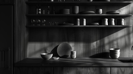 Fototapeta na wymiar Wooden black scandinavian kitchen storage organization. Perfect open shelves in dark modern kitchen. Generative AI