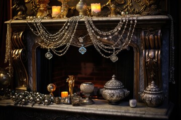 Magical Fireplace: Jewelry positioned on a mantelpiece adorned with ornaments and a fireplace glowing with warmth.