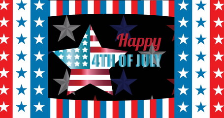 Image of 4th of july text over red, white and blue stars and stripes background