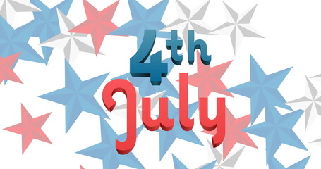 Image of 4th of july text over red, white and blue stars on white background