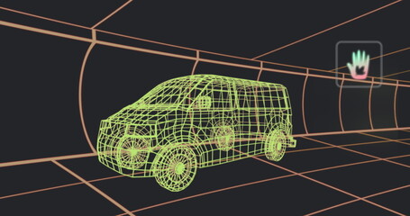 Image of multiple digital icons over 3d van model moving in seamless pattern in a tunnel