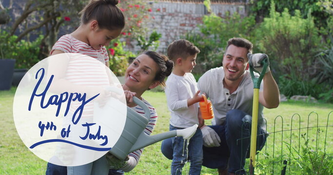 Image of 4th of july text over caucasian couple with son and daughter gardening