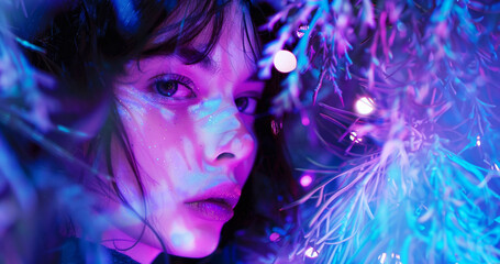 Neon aesthetic portrait of woman.  Model and magic universe. Panorama