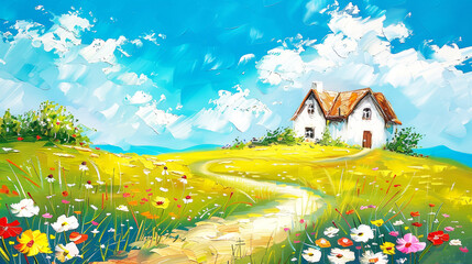 Idyllic landscape with country side and poppy flowers, Oil paintig banner