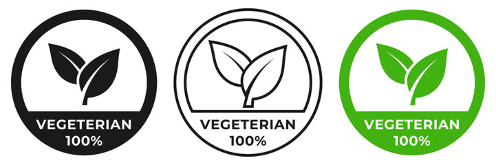 Vegetarian icon. Vegetarian 100 illustration sign. Vegan logo, badge, symbol, stamp, logo, logotype, sticker, emblem, mark or seal for product packaging.