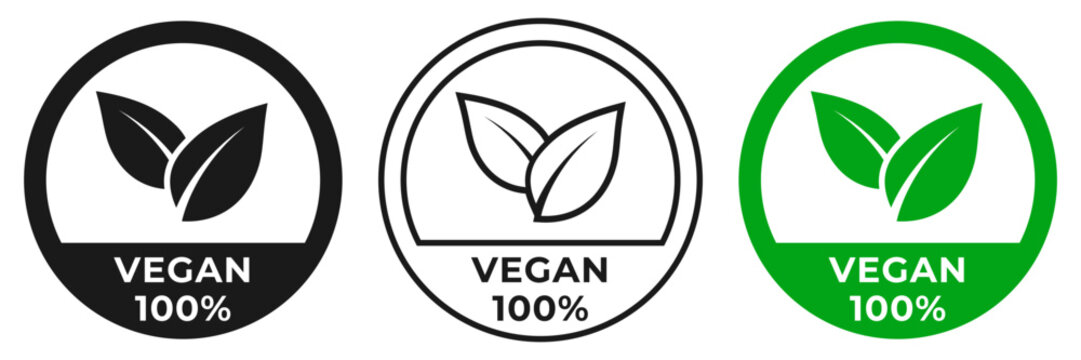 Vegan icon. Vegan illustration 100 sign. Vegetarian logo, badge, symbol, stamp, logo, logotype, sticker, emblem, mark or seal for product packaging.