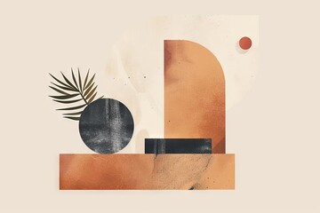 Abstract geometric shapes in warm tones. A minimalist composition of abstract geometric shapes, featuring circles and triangles in earthy, warm tones with textured elements