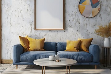 Scandinavian-style Modern Living Room with Blue Sofa and Abstract Poster Frame on White Textured Wall