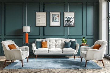 Elegant Living Room with Teal Walls and Mid-Century Modern Design