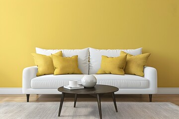 Yellow Walls Adorn Scandinavian Living Room adorned with White Sofa and Lemon Pillows - obrazy, fototapety, plakaty