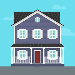 Vector house with porch. Blue two-storey house with porch in flat style. Sweet home. Vector illustration 