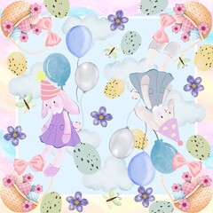 Happy Easter watercolor cute rabbit, animal ,eggs , spring flowers background