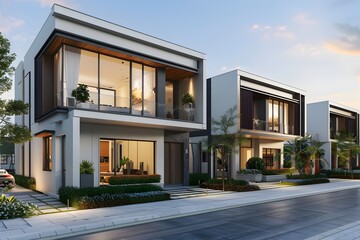 Modern Townhouses with Minimalist Design and Natural Lighting at Blue Hour - obrazy, fototapety, plakaty
