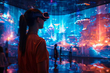 A woman wearing a virtual reality headset is fully absorbed in a stunning VR environment with vibrant, futuristic visuals