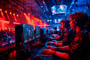 Dynamic image of professional gamers intensely focusing during a competitive esports match surrounded by neon lights