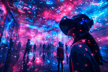 Engulfed in a mesmerizing virtual space, a person in VR gear stands amidst a crowd experiencing a spectacular digital universe