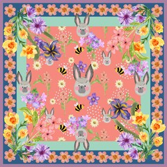 Happy Easter watercolor cute rabbit, animal ,eggs , spring flowers background