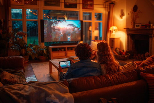 A romantic scene picturing a couple snuggled up on a sofa watching a movie in a warmly lit living room with a garden view