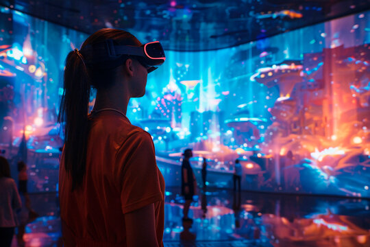 A woman wearing a virtual reality headset is fully absorbed in a stunning VR environment with vibrant, futuristic visuals - Powered by Adobe