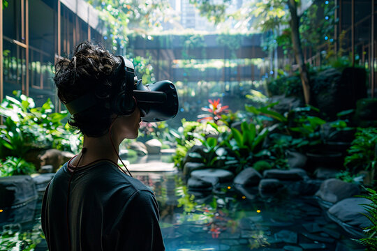 Surrounded by greenery, a person enjoys a peaceful VR interaction with a natural setting blending technology and environment