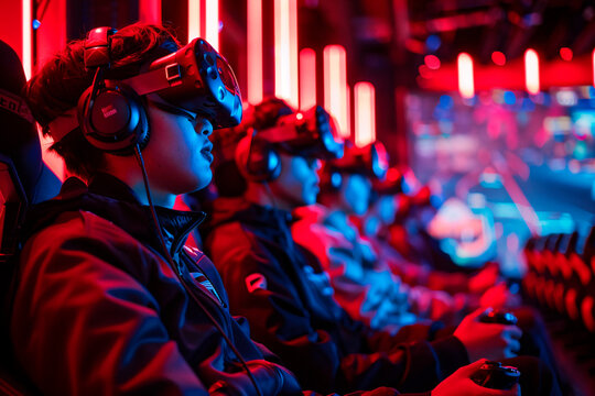 Immersive photo of gamers wearing VR headsets fully engaged in virtual reality games in a neon-lit gaming event