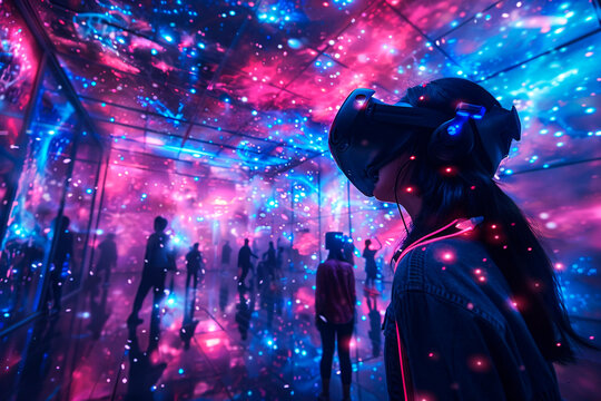 Engulfed in a mesmerizing virtual space, a person in VR gear stands amidst a crowd experiencing a spectacular digital universe