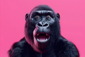 Hyperrealistic Gorilla Portrait with Grinning Expression on Vibrant Pink Background