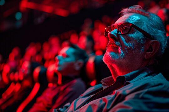 Movie enthusiasts are engrossed in a film, sitting in red cinema seats, enhancing the collective viewing experience in a theater