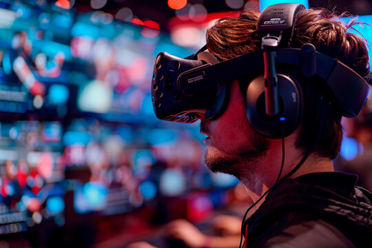 An absorbed gamer in a high-tech VR headset participates in an immersive gaming experience in a neon-lit esports arena