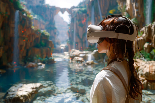 A young woman is immersed in a virtual reality simulation, experiencing a lush, digital nature landscape
