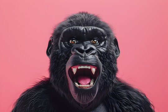 Angry Gorillas Hyper Realistic Portrait on Vibrant Pink Background, Documentary-Style Photography