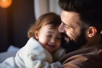 Tender Embrace between Father and Child, Warm Indoor Lighting Highlights Affectionate Family Moment