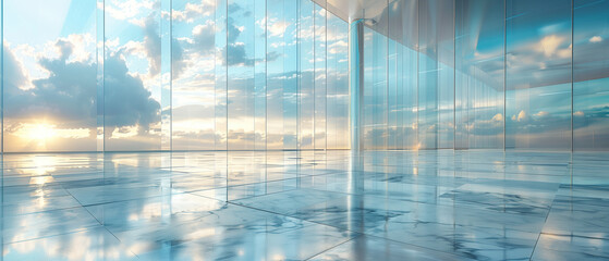 The gateway to heaven: An empty room with a large window showcasing a vast sky in the background, creating a sense of openness and connection to the outside world