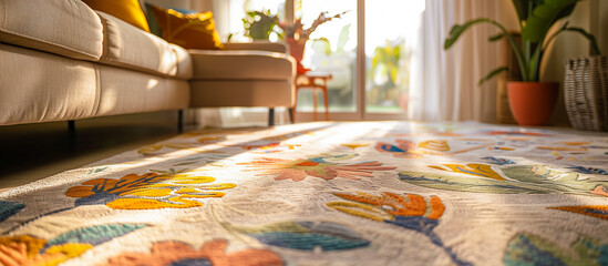 close up of rug floral pattern at cozy living room. clean home concept backgound