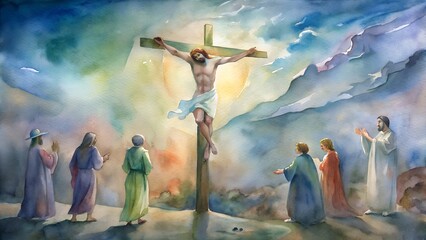 The Crucifixion: Passion of Good Friday - Watercolor Biblical Illustration from the New Testament