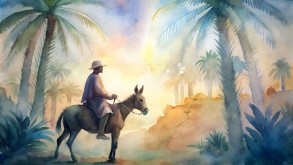 Palm Sunday: Christ's Triumphal Entry into Jerusalem - Watercolor Silhouette Illustration - obrazy, fototapety, plakaty