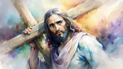 Jesus Takes Up His Cross | Poignant Digital Watercolor Painting - obrazy, fototapety, plakaty