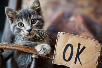 cat holds sign with inscription ok ,agreement concept - obrazy, fototapety, plakaty