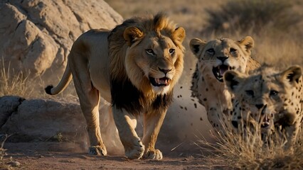 lion and lioness in serengeti - obrazy, fototapety, plakaty